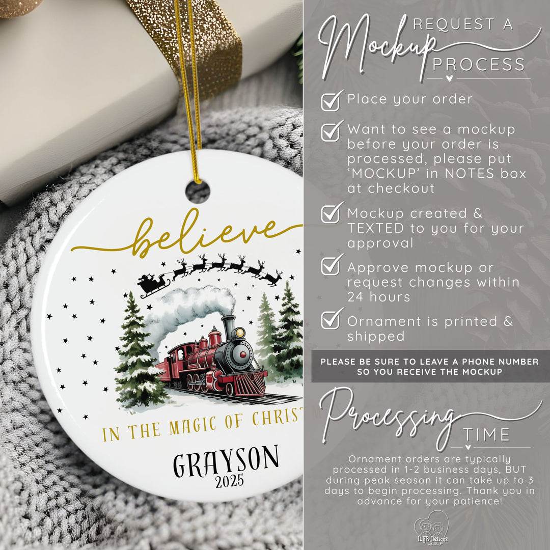 How to request a mockup to be sent to you before your ornament is printed. Place your order and put the word MOCKUP in the notes box. A mockup will be created and texted to you for approval. Approve mockup or request changes within 24 hours. Ornament is printed and shipped. Please be sure to leave a phone number so you receive the mockup. Ornament orders are typically processed in 1-2 business days. During peak season it can take up to 3 days to begin processing.