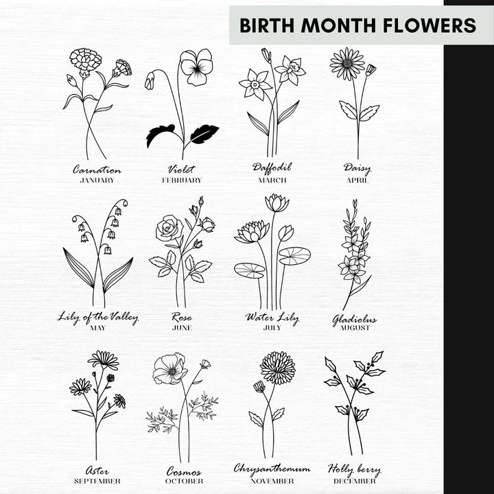 Illustrations of flowers corresponding to each month of the year on a white background.
