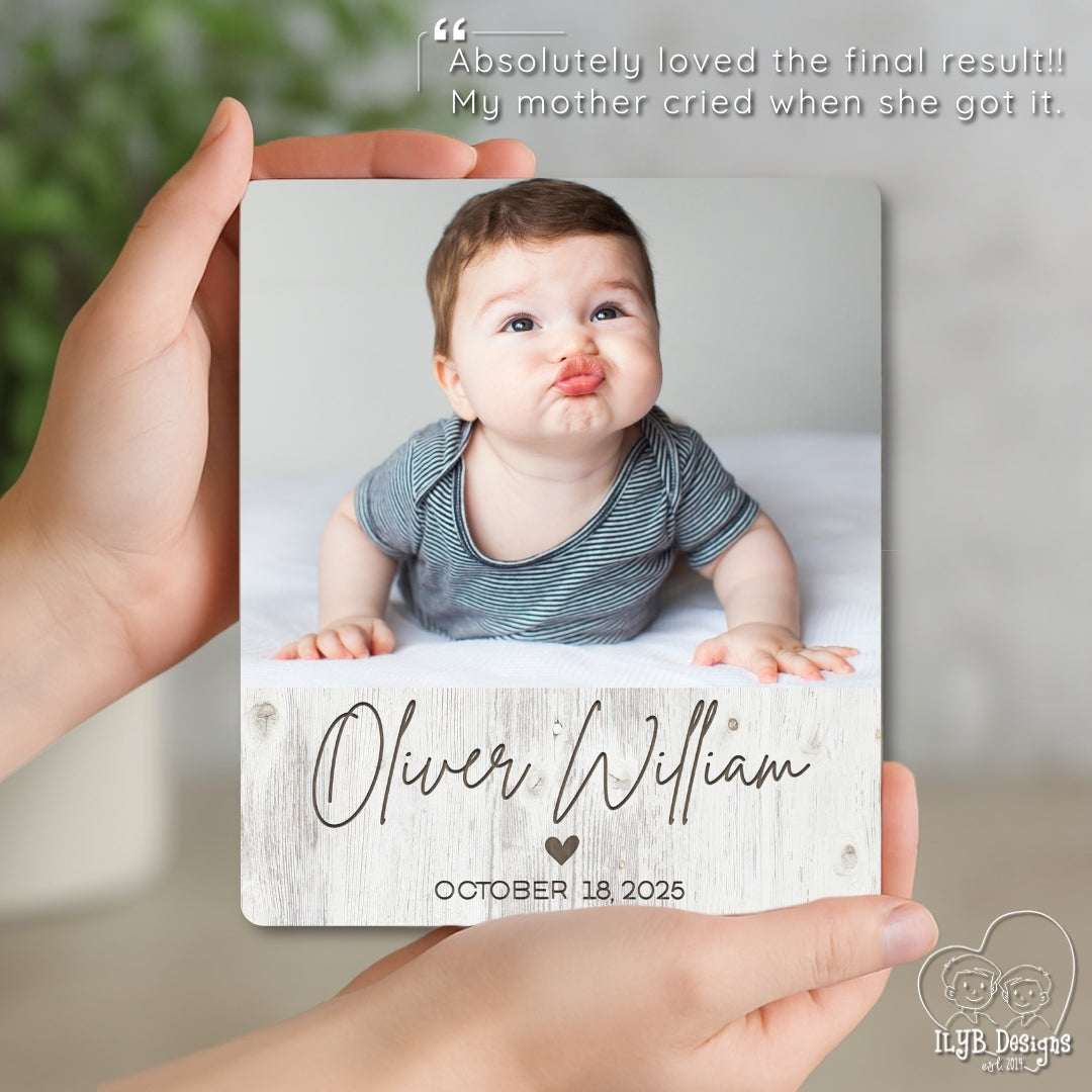Person holding a photo plaque with a baby's photo and name, with a quote above.