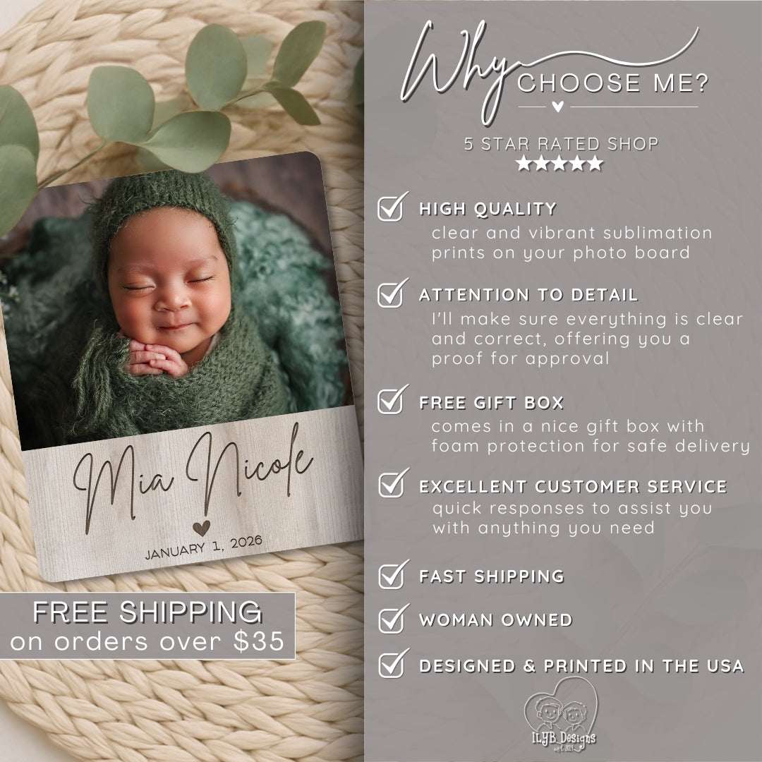 Baby in green outfit with photo frame, promotional text on gray background