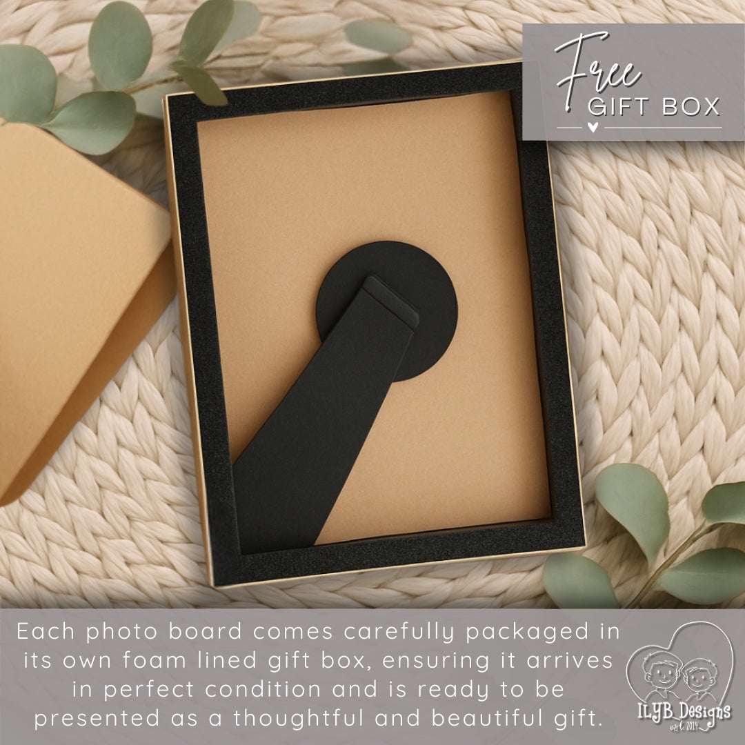 Back of photo board in a brown gift box with text about packaging on a textured surface.