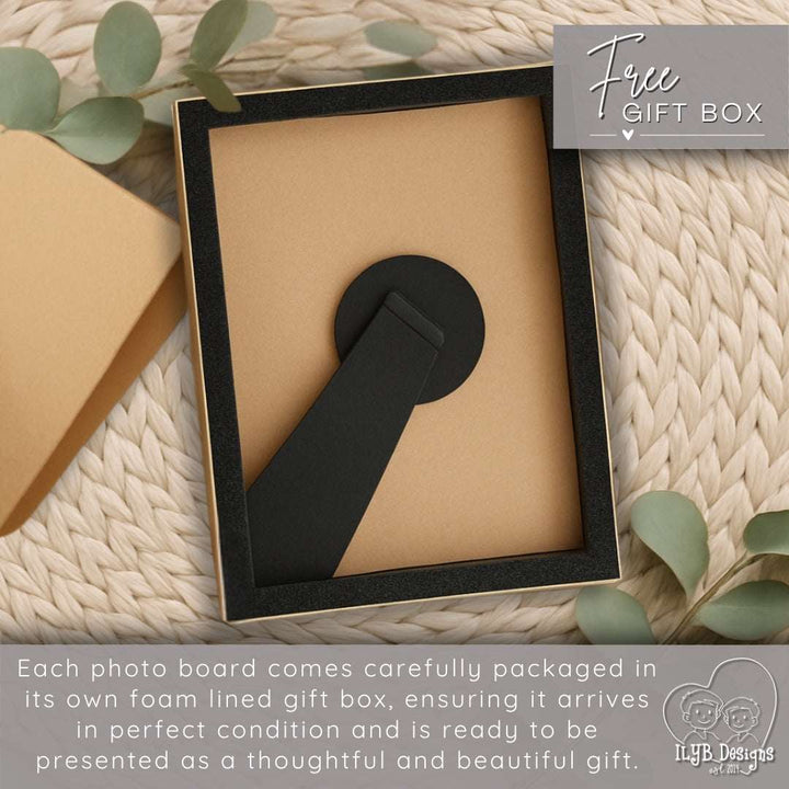 Back of photo board in a brown gift box with text about packaging on a textured surface.