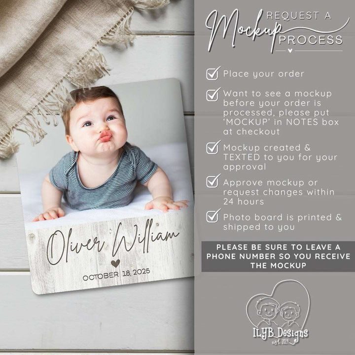 Baby photo on a wooden board with text and ILYB Designs logo.