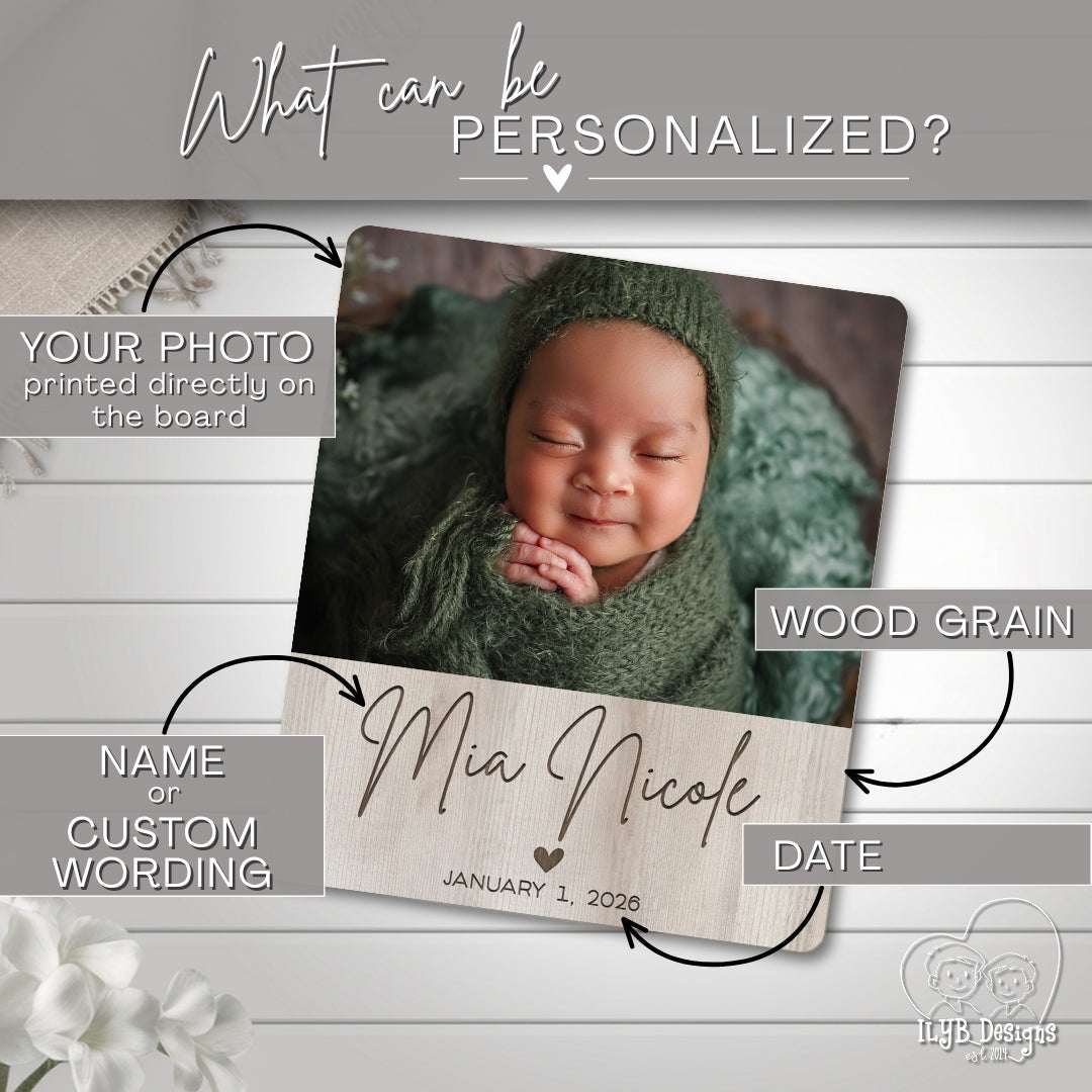 Personalized photo plaque with baby's name and date, on a wooden board.
