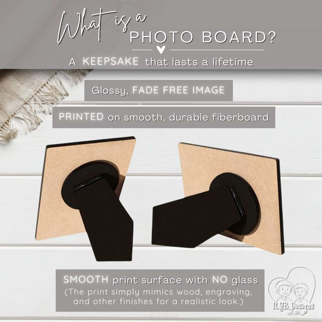 Two photo boards with black stands on a wooden surface, with text explaining what a photo board is.