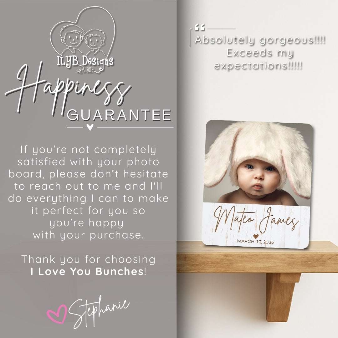 Photo board with a child wearing bunny ears and text about the 'Happiness Guarantee' from I Love You Bunches.