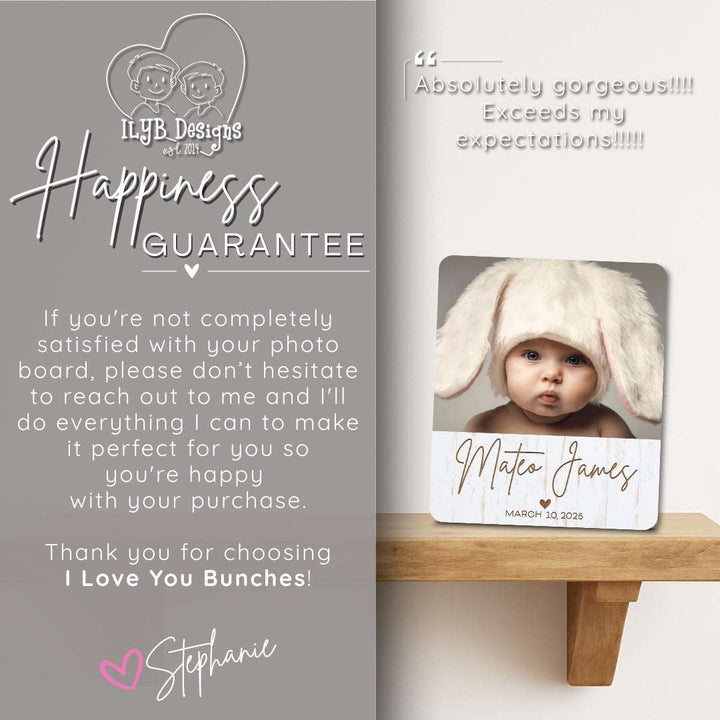 Photo board with a child wearing bunny ears and text about the 'Happiness Guarantee' from I Love You Bunches.