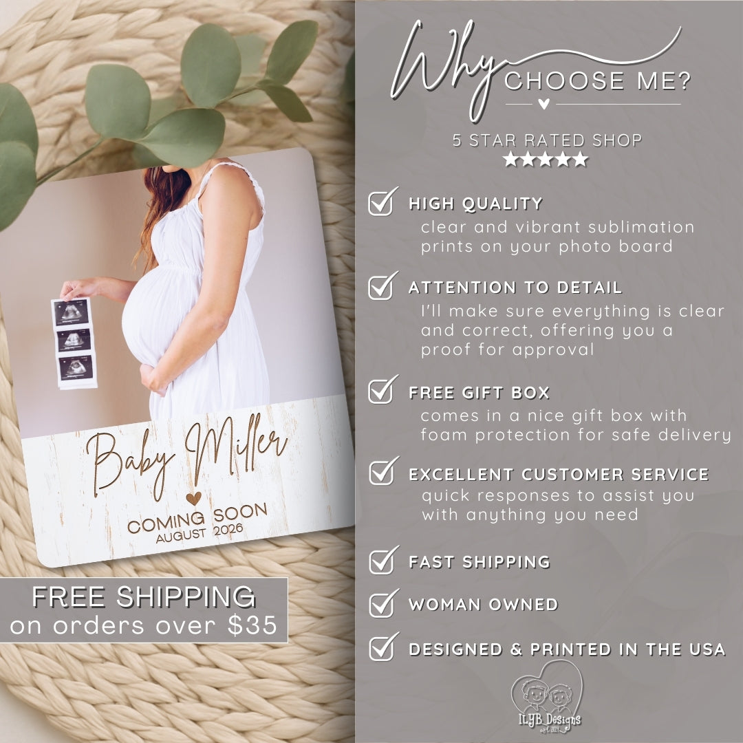 Promotional graphic for a photo product with a woman holding a baby shower card and a list of features on a gray background.