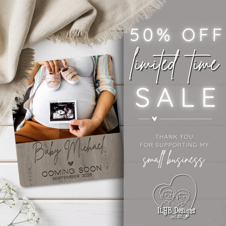 Promotional graphic for a limited time sale with a baby announcement photo board and ultrasound photo.