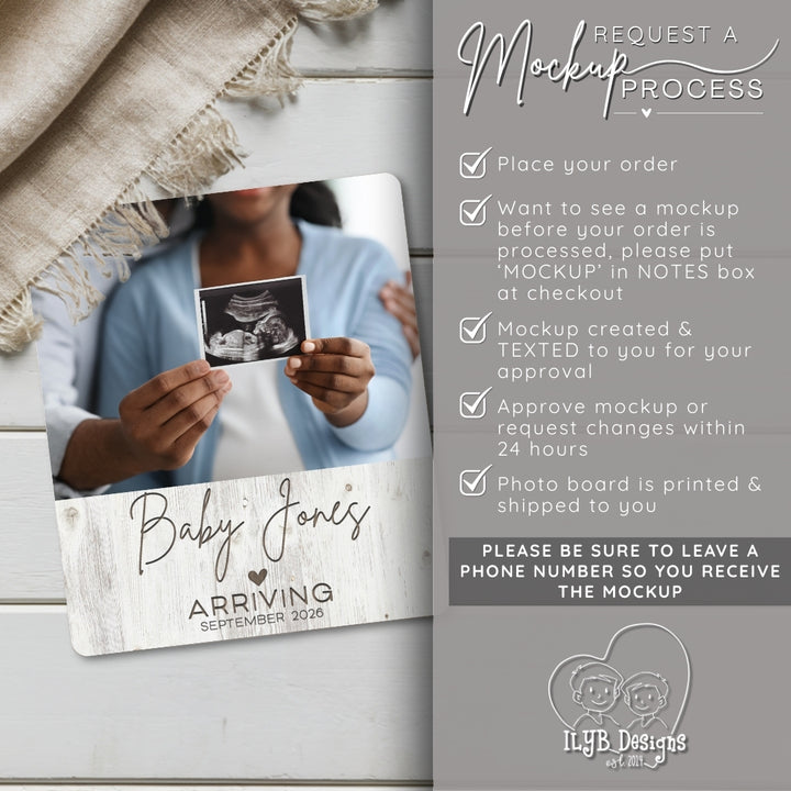 Person holding an ultrasound photo with a baby announcement plaque, accompanied by a mockup process description on the right.