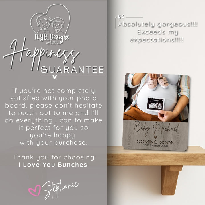 Photo board with ultrasound picture and 'Happiness Guarantee' text from I Love You Bunches.