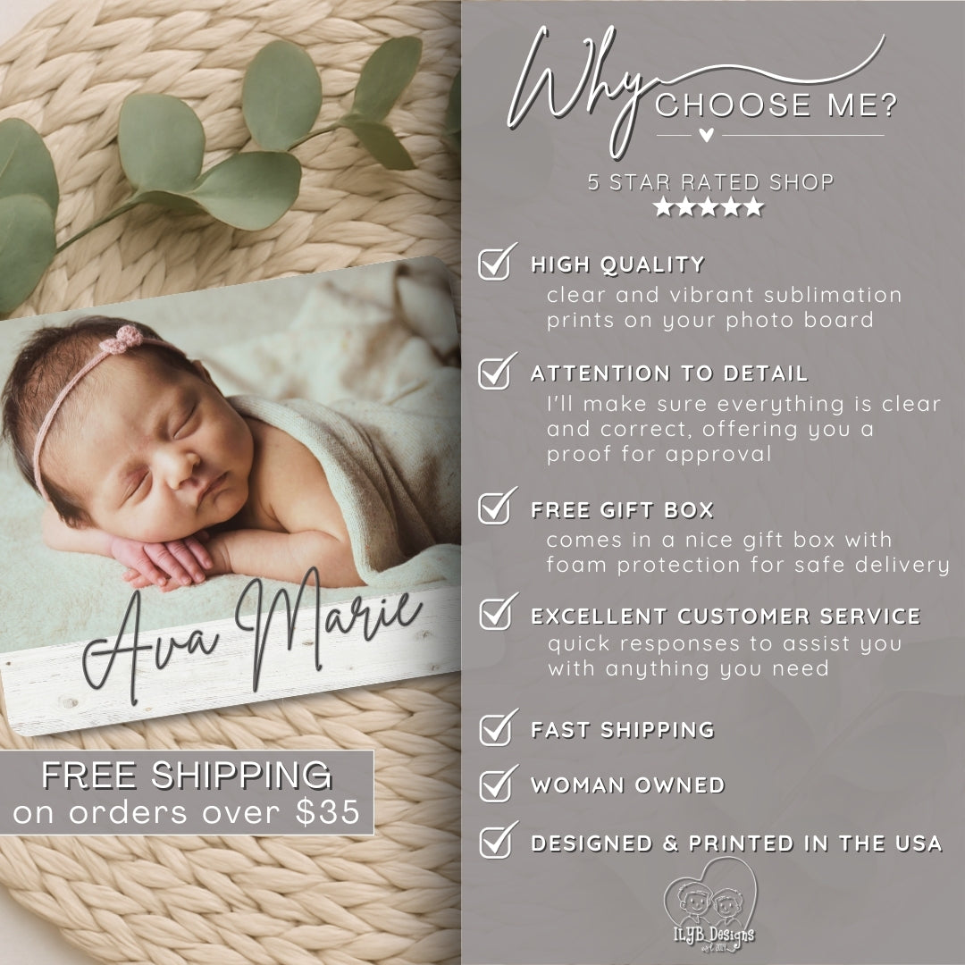 Newborn baby photo with promotional text on a gray background