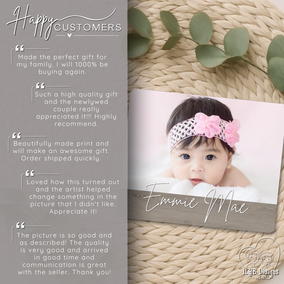 Baby photo print with floral headband on a textured surface with green leaves