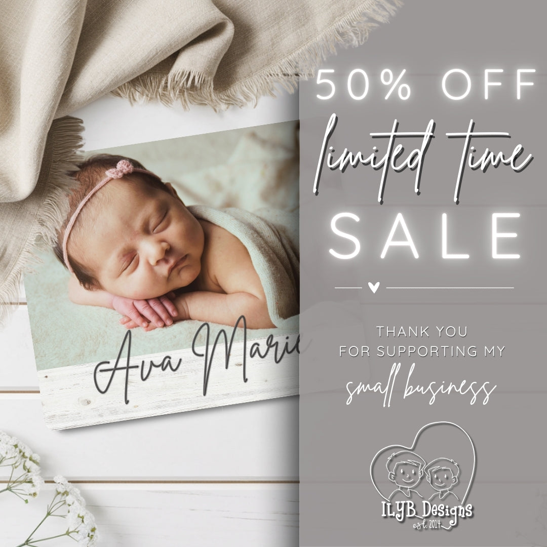Newborn photo with promotional text for a limited time sale on a gray background