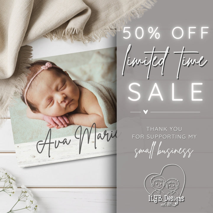 Newborn photo with promotional text for a limited time sale on a gray background