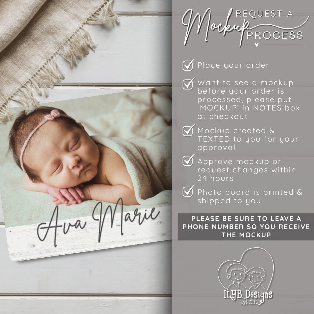 Newborn baby photo on a wooden board with text about mockup process.