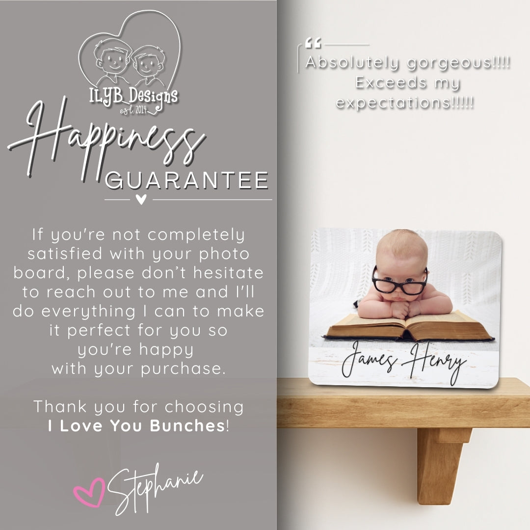 Baby photo board with text on a gray background