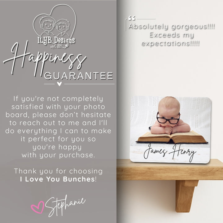 Baby photo board with text on a gray background