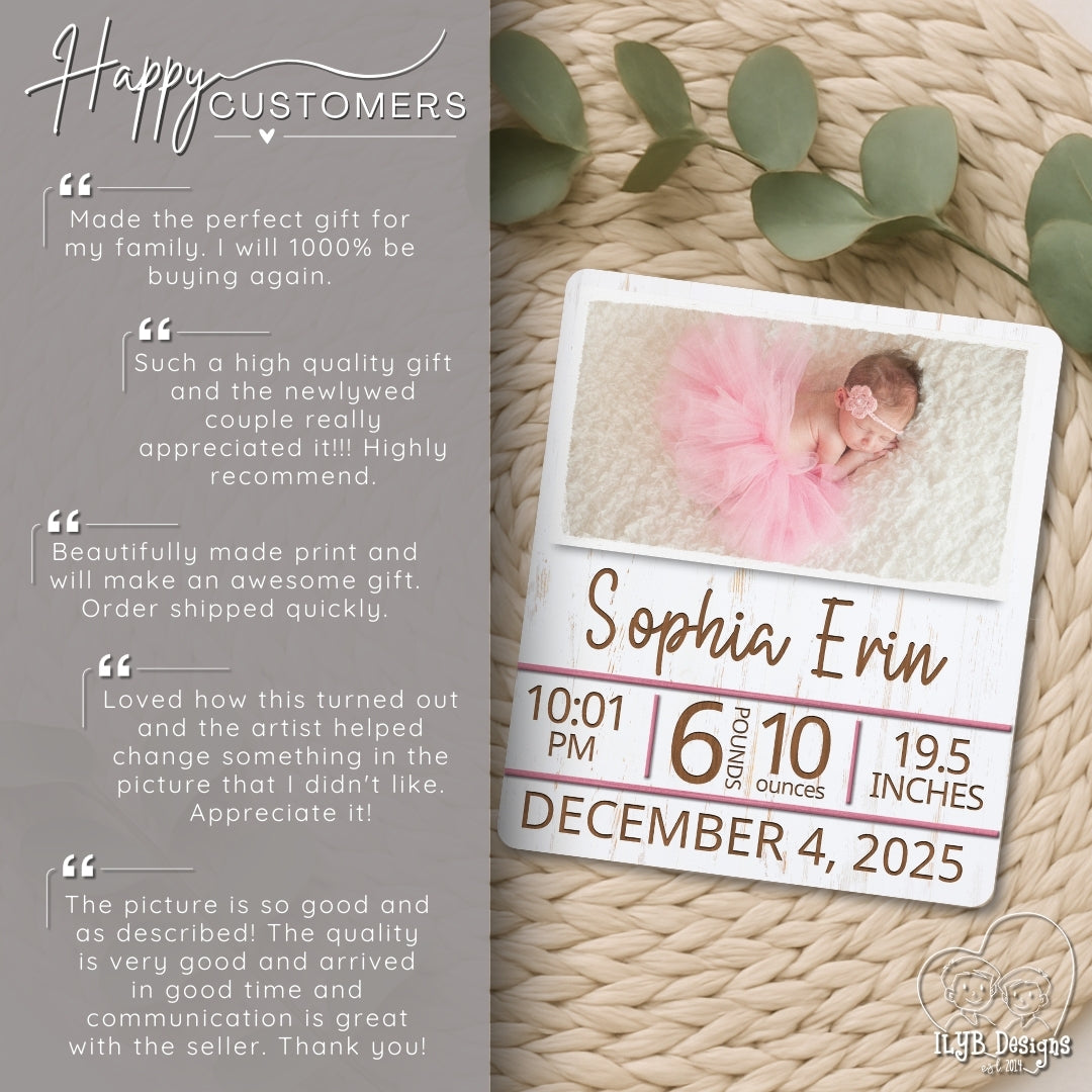 Baby milestone card with baby's photo and details, surrounded by eucalyptus leaves on a textured surface.