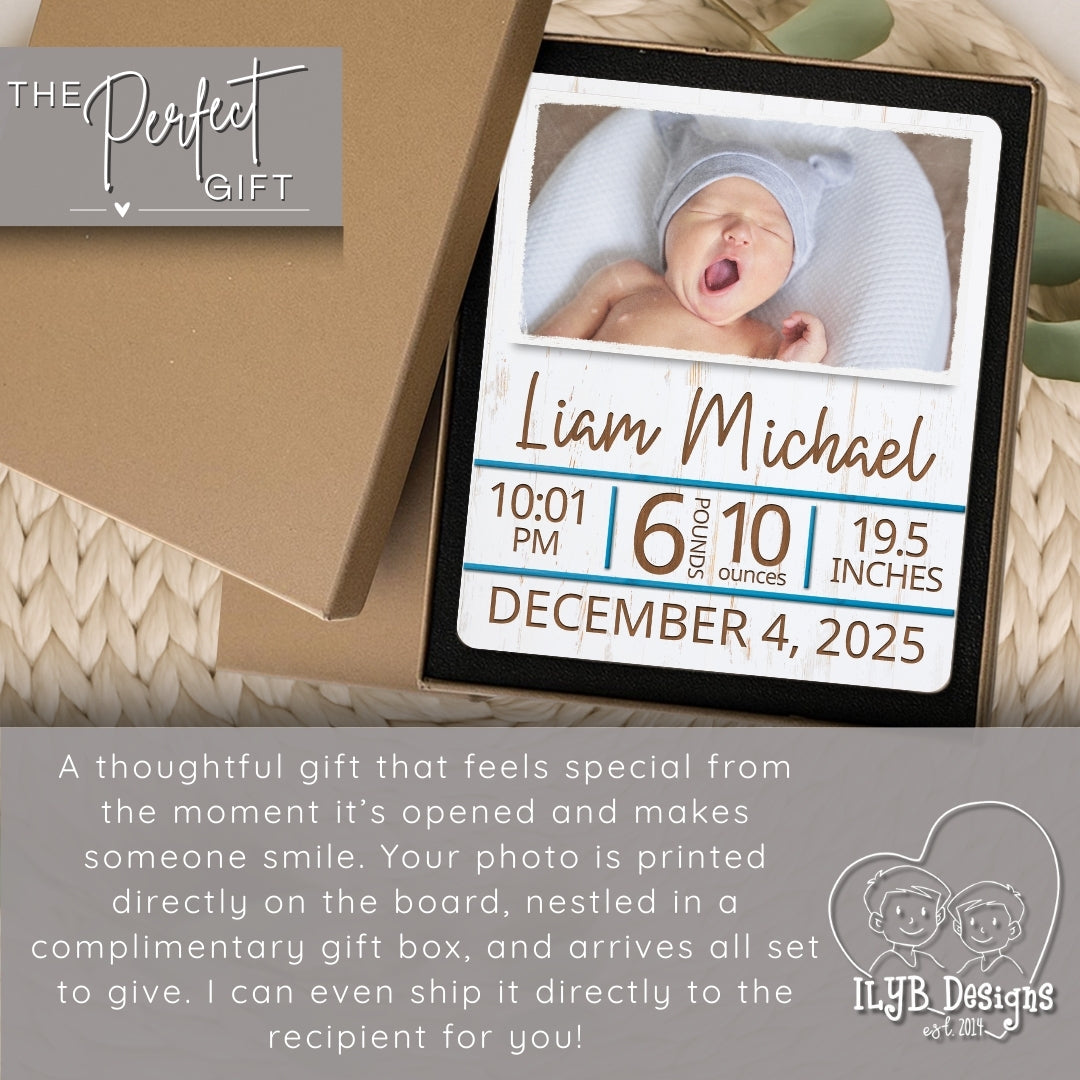 Personalized baby photo frame with birth details on a textured surface, featuring 'The Perfect Gift' branding.