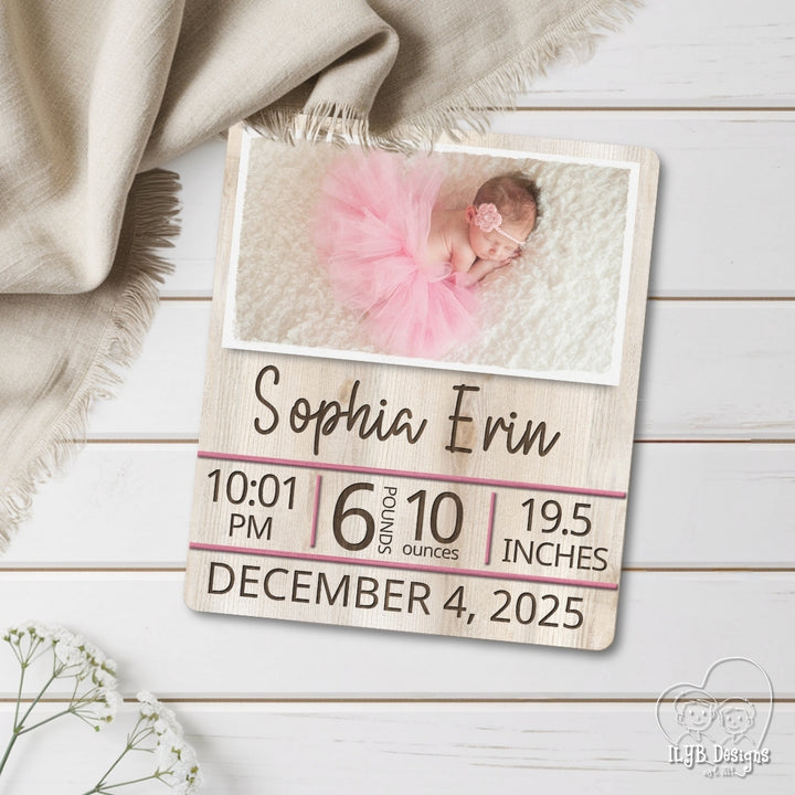 Baby milestone card with photo of a baby in a pink tutu, birth details, and a soft blanket in the background.