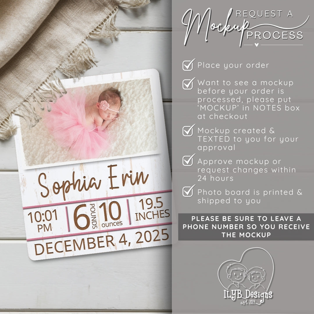 Baby milestone card with baby's photo and details, placed on a wooden surface.