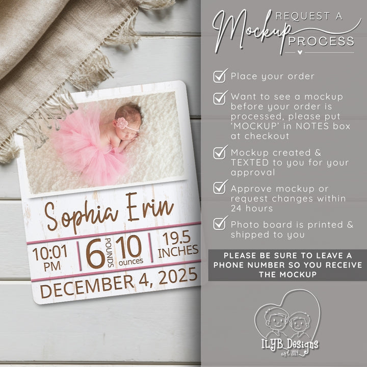 Baby milestone card with baby's photo and details, placed on a wooden surface.