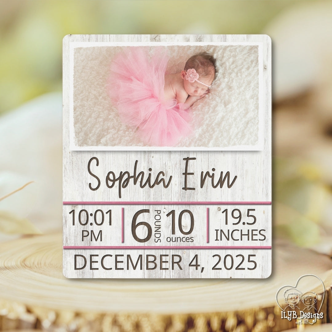 Baby milestone card with photo of a baby in a pink tutu and birth details.
