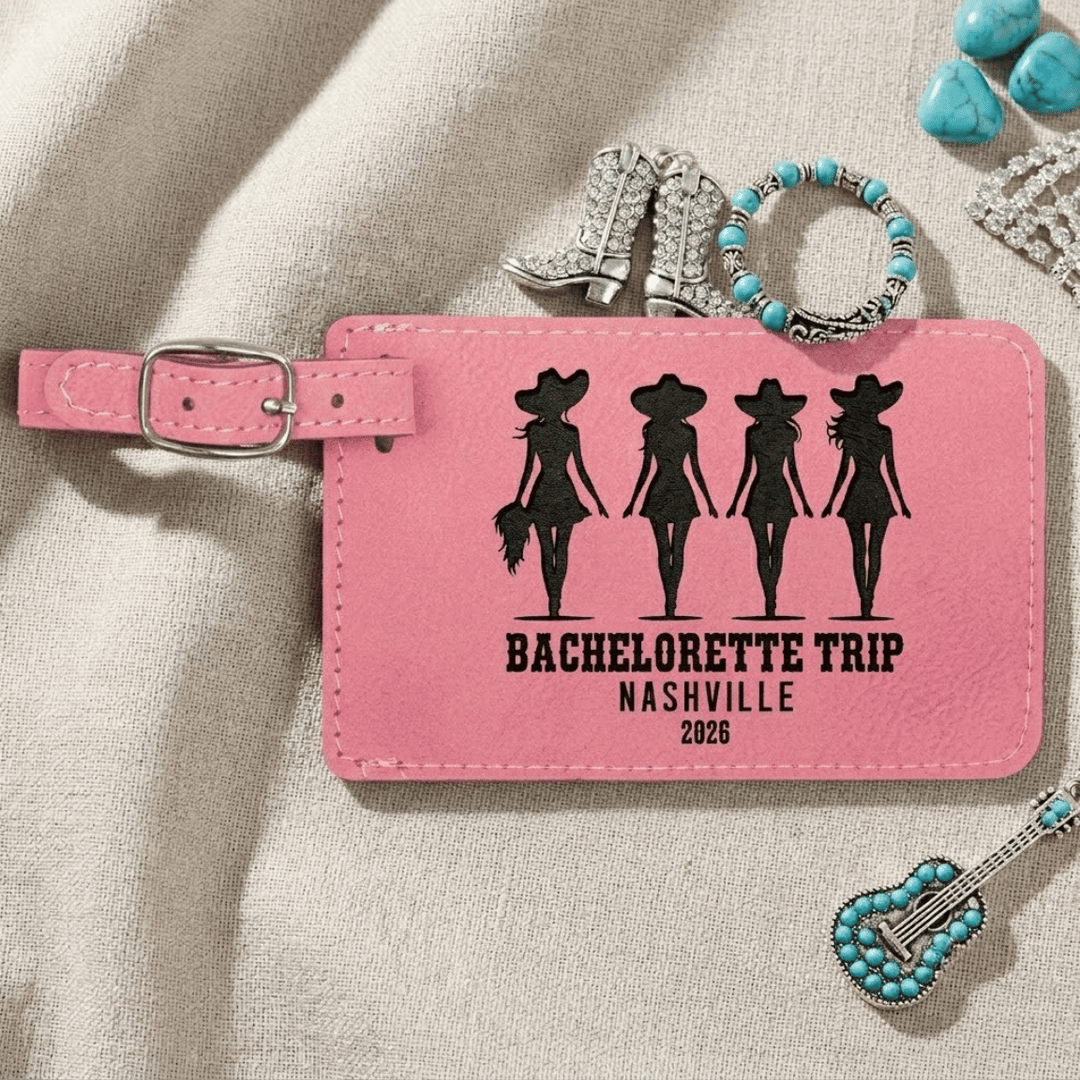Personalized Bachelorette Trip Luggage Tag | Laser Engraved Leatherette Cowgirl Squad