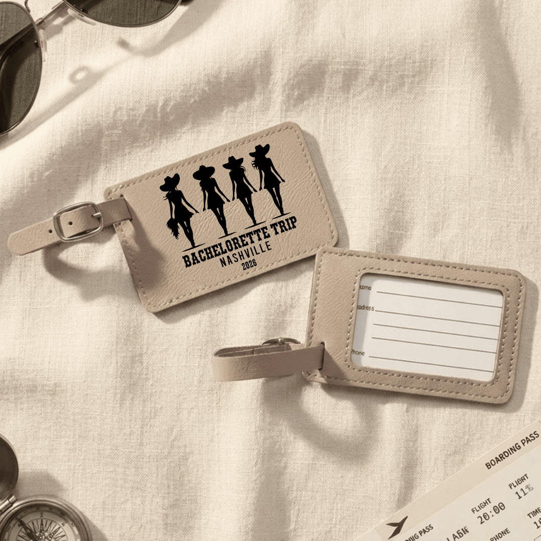 Beige luggage tag with 'Bachelorette Trip Nashville 2026' design on a light fabric background.