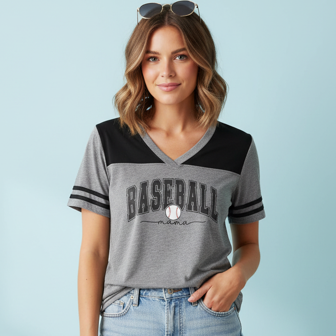 A woman stands against a light blue wall wearing a gray and black V-neck t-shirt with &
