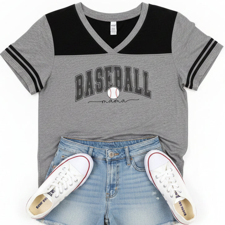 A heather gray and black short-sleeve V-neck t-shirt with &