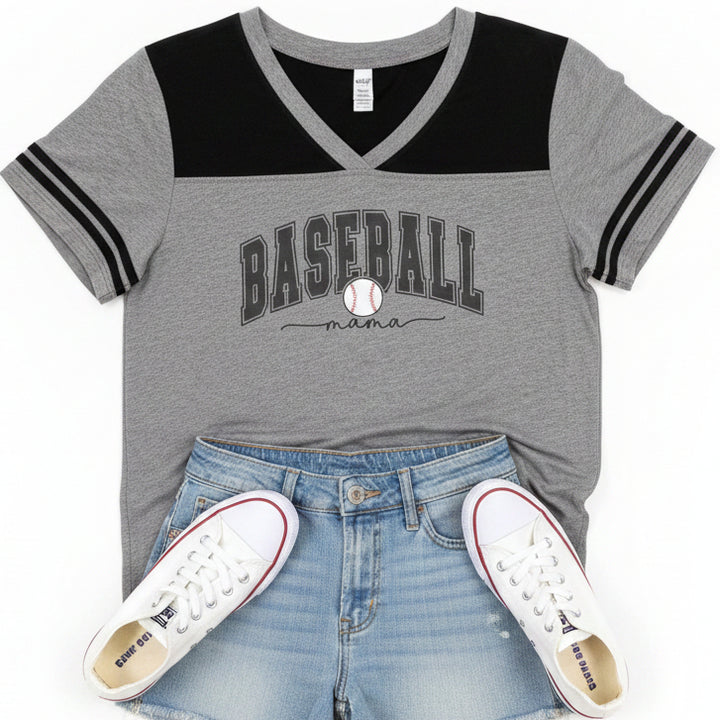 A heather gray and black short-sleeve V-neck t-shirt with &