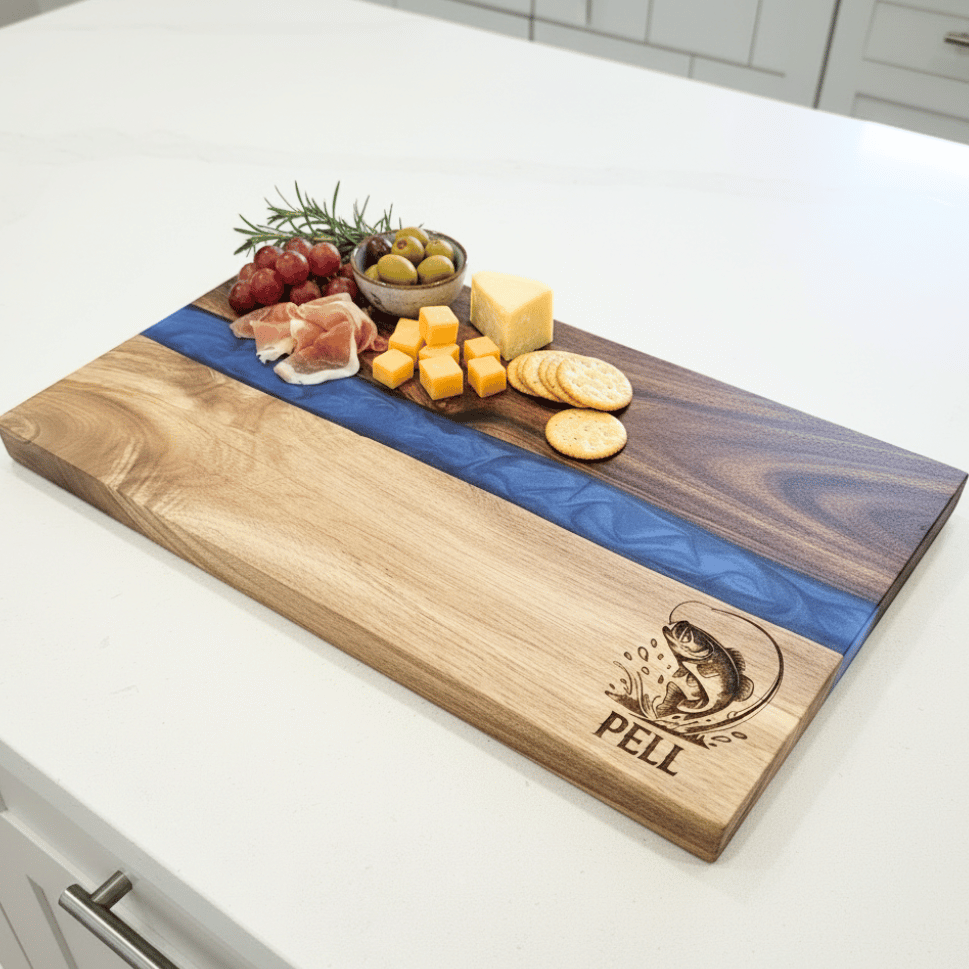 Wooden cutting board with blue resin strip and engraved fish and last name in the bottom right corner on a kitchen counter.