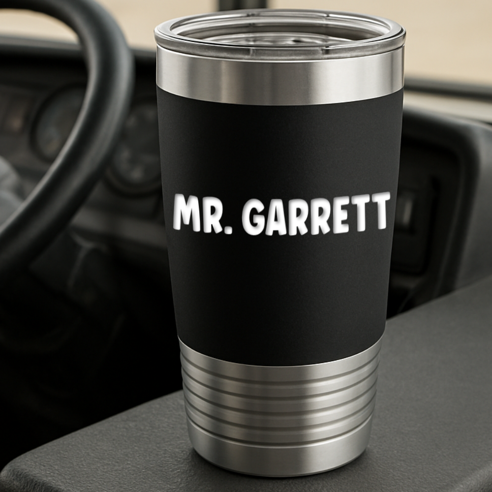 black tumbler with 'Mr. Garrett" engraved in white with a bus in the background