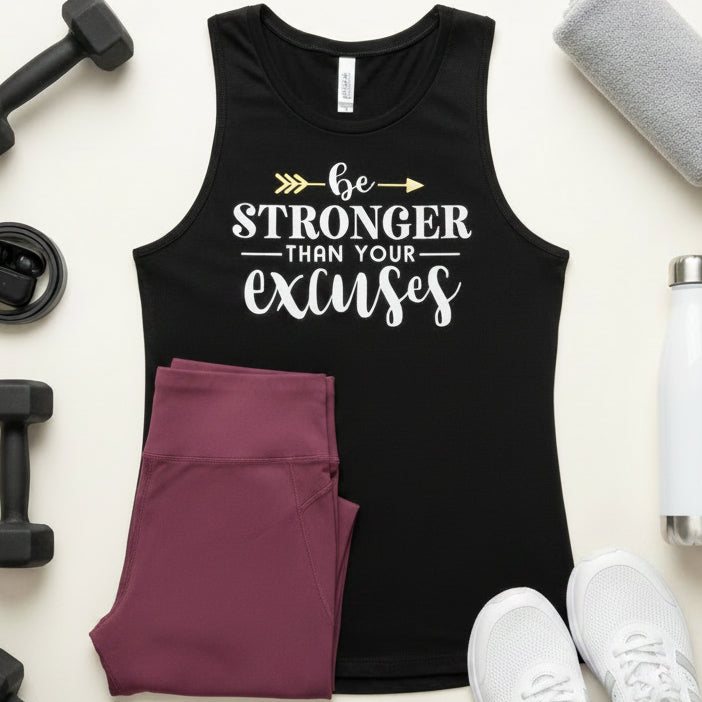 A black sleeveless tank top with a white and gold graphic reading &