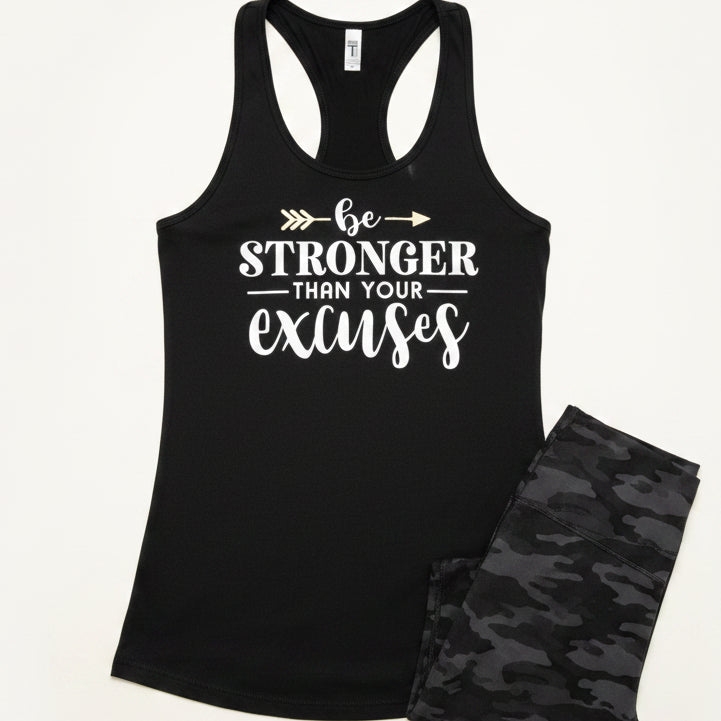 A black racerback tank top with white text reading &