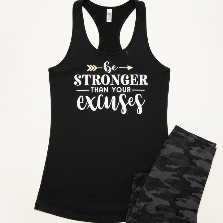 A black racerback tank top with white text reading &