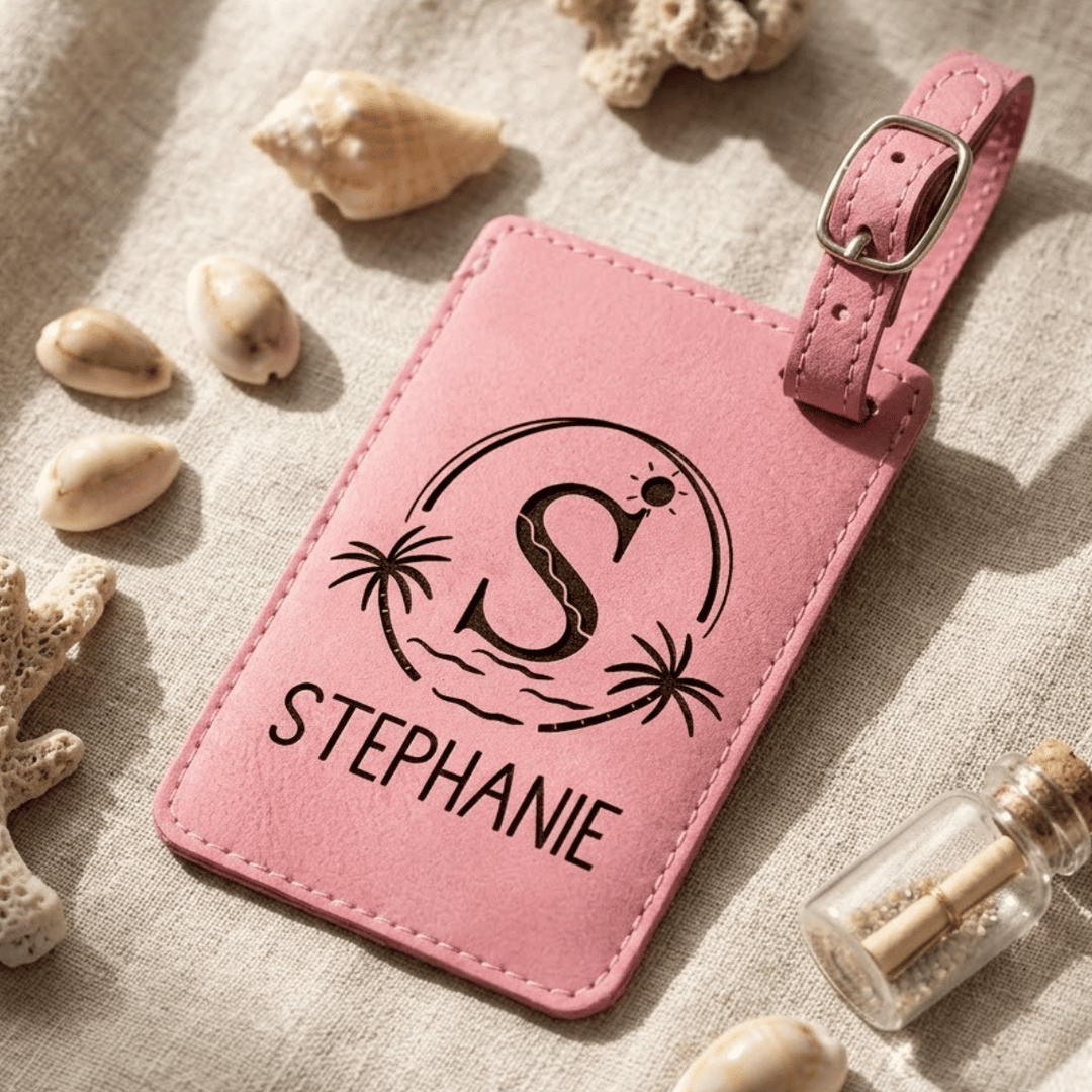 Pink luggage tag with 'Stephanie' and a  beach logo engraved in black, laying on a textured surface with shells and a bottle.