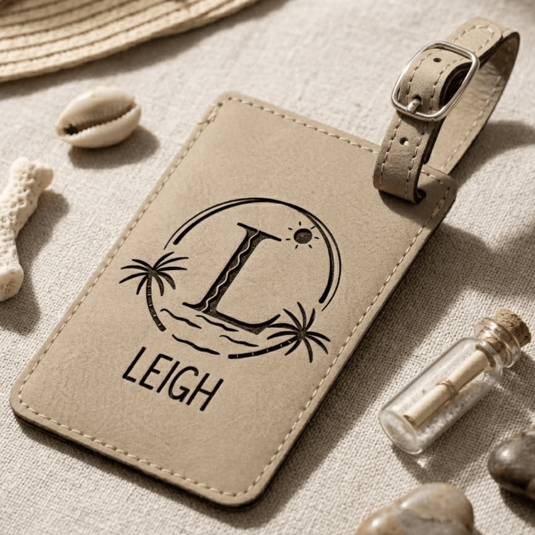 Light brown leather luggage tag with 'LEIGH' and a beach logo engraved in black, laying on a textured surface with seashells and a bottle.