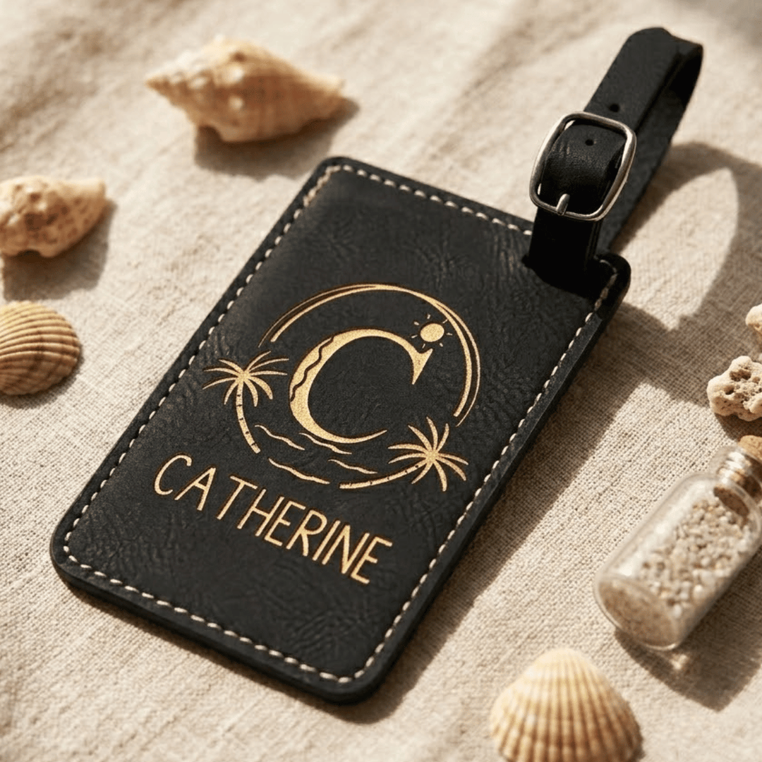 Black leather luggage tag with gold engraving and 'Catherine' text, surrounded by seashells on a textured surface.