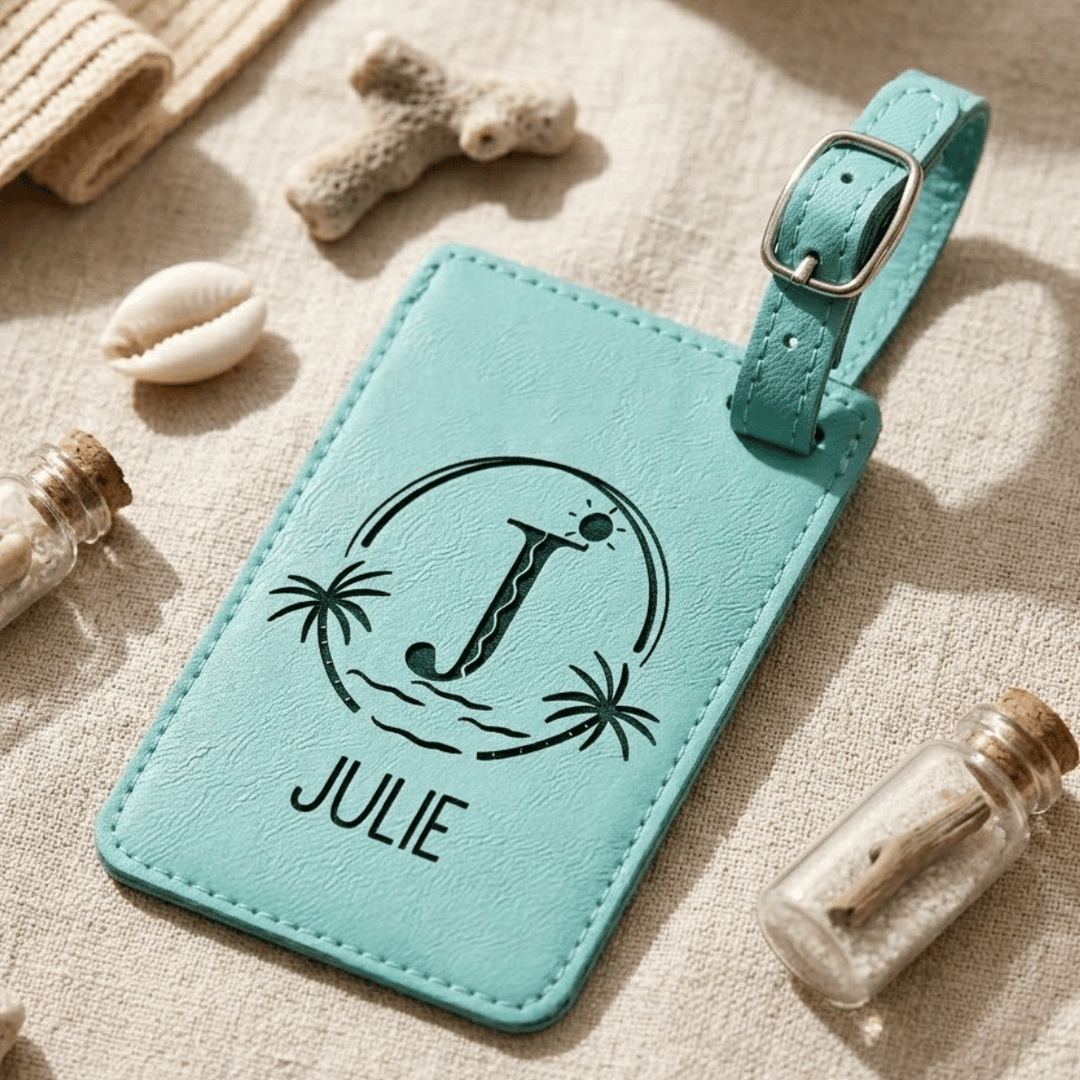 Teal luggage tag with 'JULIE' engraved in black, laying on a sandy background with shells and a bottle.