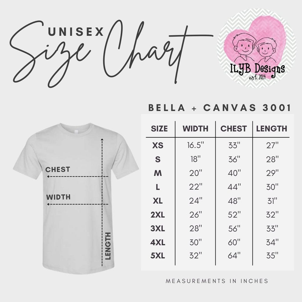 A unisex size chart graphic for Bella + Canvas 3001 t-shirts, showing a light gray t-shirt with chest and width measurement markings, a size table from XS to 5XL in inches, and the Ilyb Designs logo.