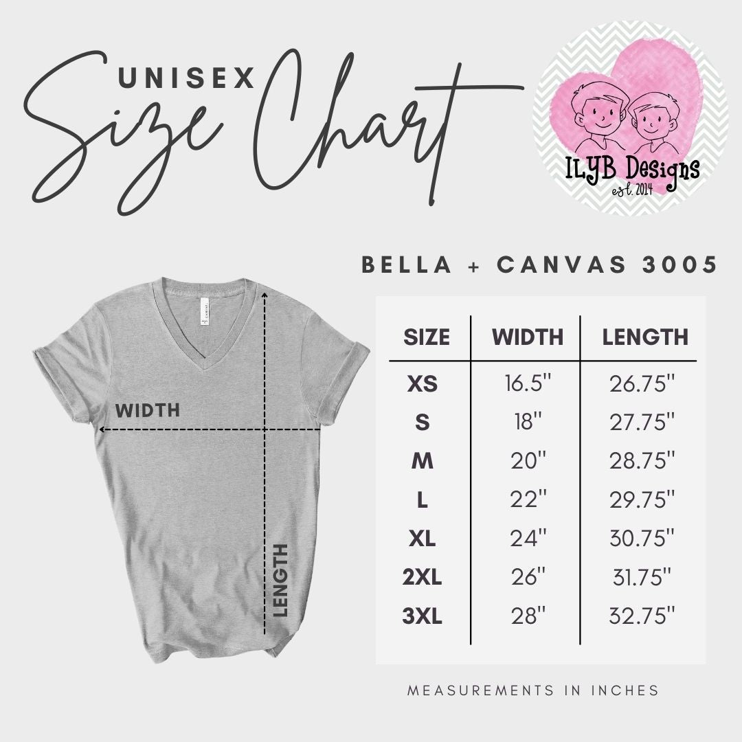 A unisex size chart graphic for Bella + Canvas 3005 V-neck t-shirts, showing a gray t-shirt with measurement lines and a size table from XS to 3XL in inches. The Ilyb Designs logo is visible in the top right corner.