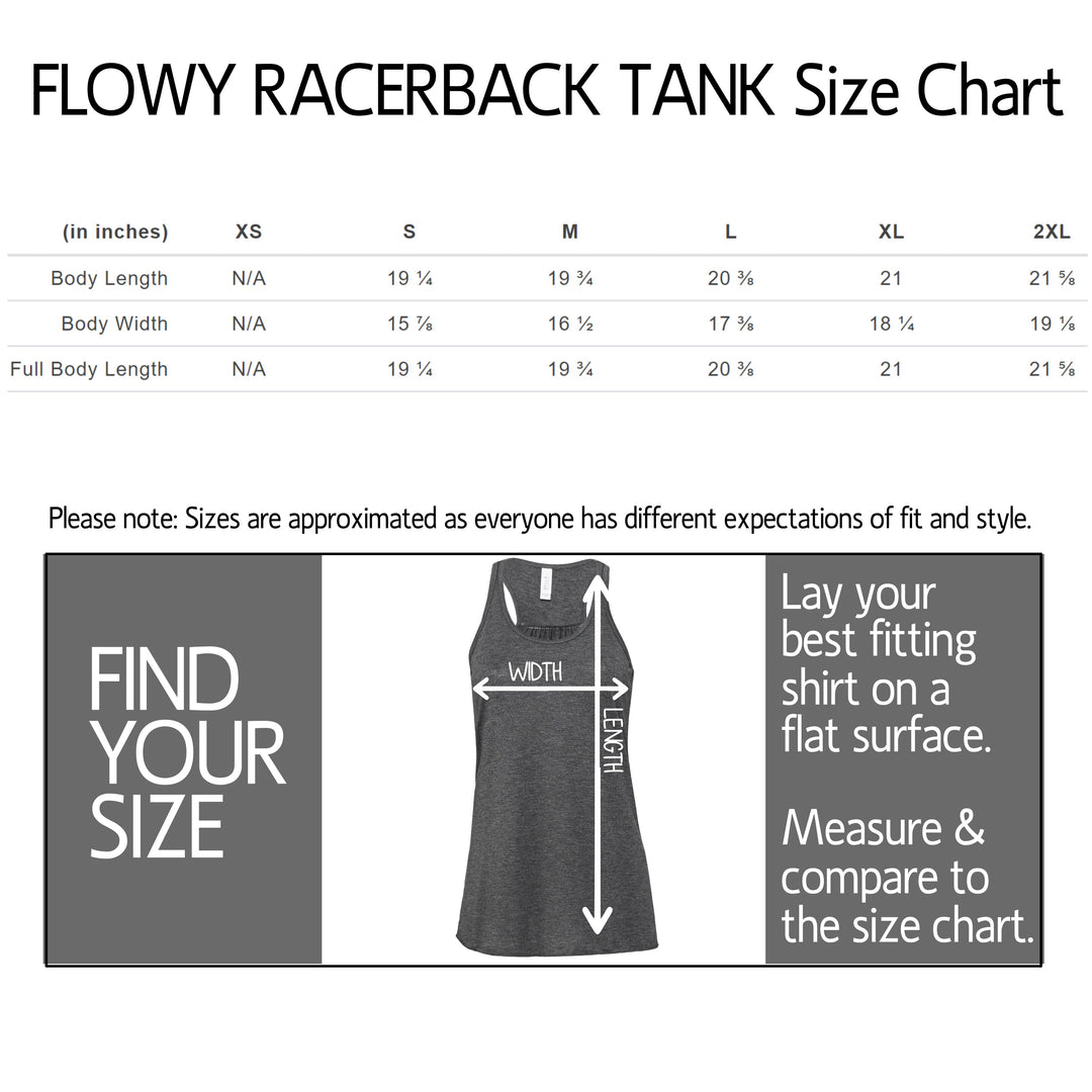Flowy racerback tank size chart graphic with a measurement table in inches forXS through 2XL, plus a fitting guide showing how to measure a racerback tank on a person.