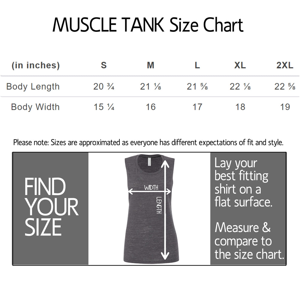 Muscle tank size chart table with columns S, M, L, XL, and 2XL showing body length and body width measurements in inches, plus a fitting guide panel with a tank top illustration and text instructions.