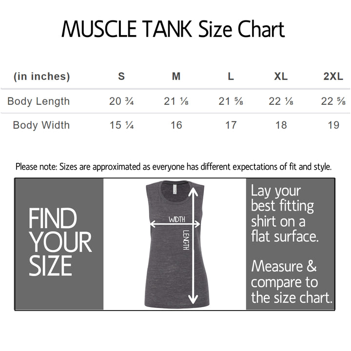 Muscle tank size chart table with columns S, M, L, XL, and 2XL showing body length and body width measurements in inches, plus a fitting guide panel with a tank top illustration and text instructions.