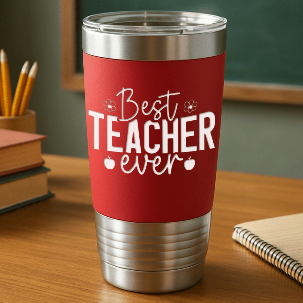 red teacher tumbler with 'best teacher ever' engraved in white sitting on a teacher's desk