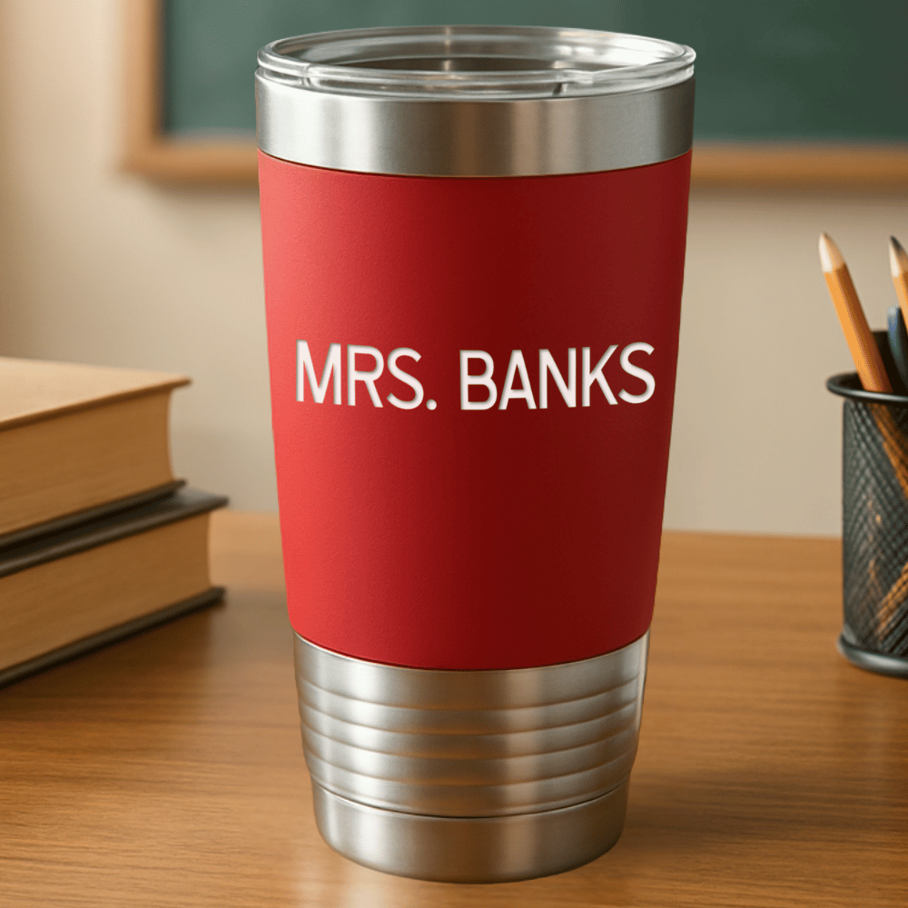 red teacher tumbler with 'Mrs. Banks' engraved in white sitting on a teacher's desk with books and pencils in background