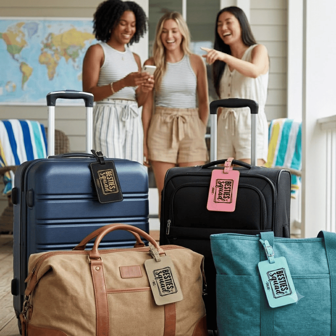 Three women standing with suitcases in a room with a world map in the background. Each suitcase has a luggage tag hanging from it.